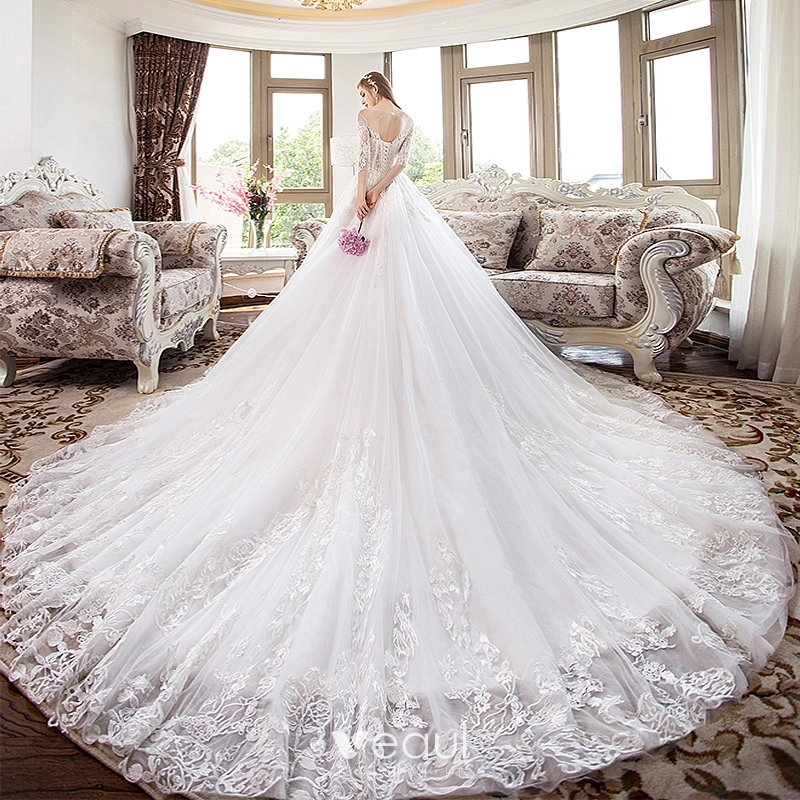 Luxury / Gorgeous White Wedding Dresses 2018 A-Line / Princess Lace Flower Scoop Neck Backless 1/2 Sleeves Royal Train Wedding Luxury / Gorgeous White Wedding Dresses 2018 A-Line / Princess Lace Flower Scoop Neck Backless 1/2 Sleeves Royal Train Wedding