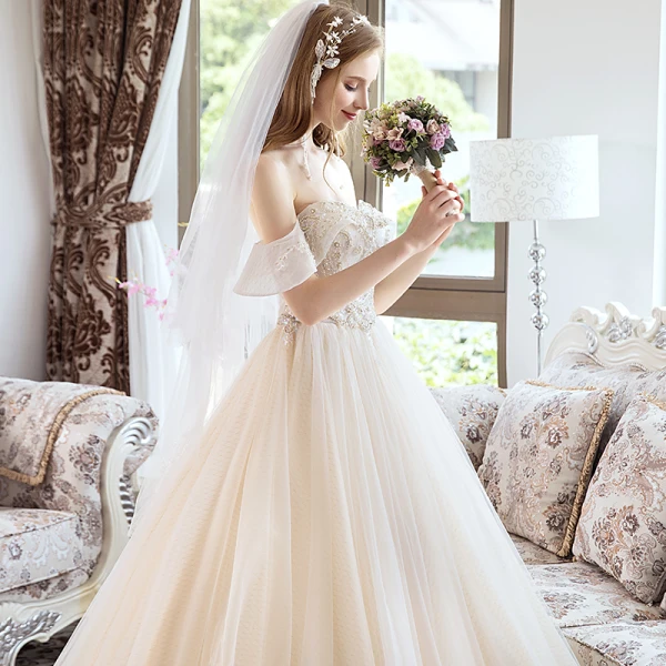 Chic / Belle Champagne Robe De Mariée 2018 Princesse Perlage Cristal Perle Faux Diamant Bustier Dos Nu Sans Manches Tribunal Train Mariage