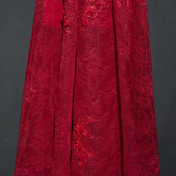 Chic / Beautiful Red Formal Dresses Evening Dresses  2017 Lace Flower Sequins Scoop Neck 1/2 Sleeves Ankle Length A-Line / Princess