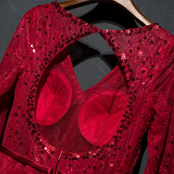 Chic / Belle Rouge Robe De Ceremonie Robe De Soirée 2017 Dentelle Paillettes Noeud Dos Nu Longueur Cheville V-Cou 3/4 Manches Princesse
