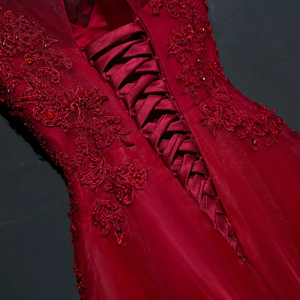 Chic / Belle Rouge Robe De Ceremonie Robe De Soirée 2017 En Dentelle Fleur Paillettes Perle Encolure Dégagée Manches Courtes Princesse