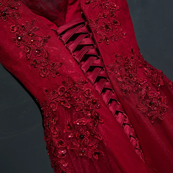 Chic / Beautiful Red Formal Dresses Evening Dresses  2017 Lace Flower Sleeveless Square Neckline A-Line / Princess
