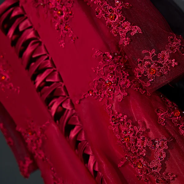 Chic / Beautiful Red Formal Dresses Evening Dresses 2017 Lace Flower Sequins Off-The-Shoulder 1/2 Sleeves Ankle Length A-Line / Princess