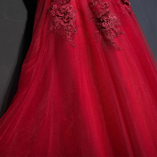 Chic / Beautiful Red Formal Dresses Evening Dresses 2017 Lace Flower Strappy Sequins Square Neckline Short Sleeve Empire