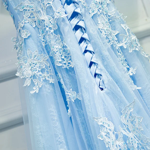 Elegant Sky Blue Wedding Party Dresses 2017 Empire Lace Flower Beading Scoop Neck Short Sleeve Tea-length Bridesmaid Dresses
