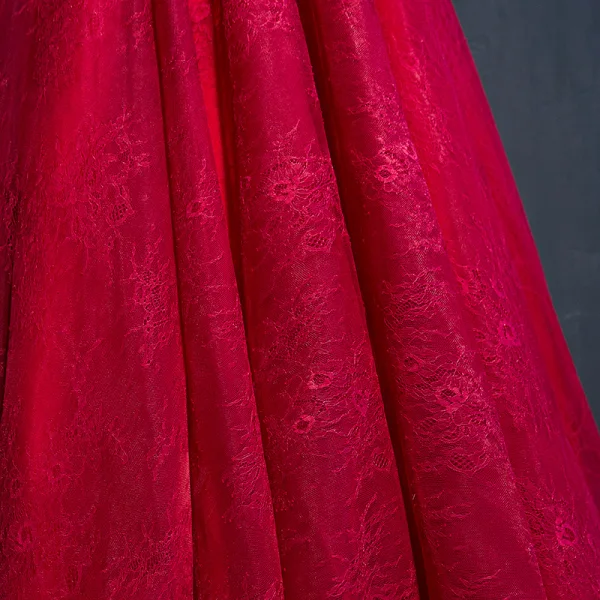Chic / Belle Rouge Robe De Ceremonie 2017 Fleur Dentelle Perlage 3/4 Manches Longue Princesse Robe De Soirée