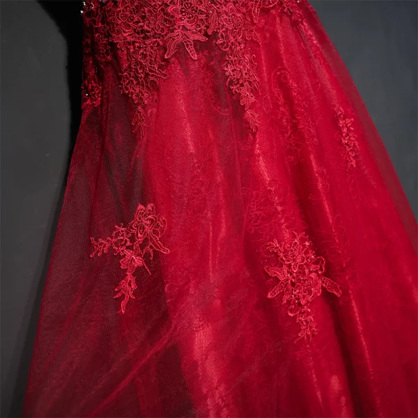 Chic / Beautiful Red Formal Dresses 2017 Lace Flower Sequins Pearl V-Neck Sleeveless Floor-Length / Long Empire Evening Dresses
