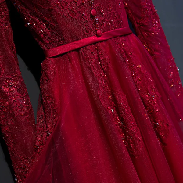 Chic / Beautiful Red Formal Dresses 2017 A-Line / Princess Lace Flower Beading High Neck Floor-Length / Long Long Sleeve Evening Dresses