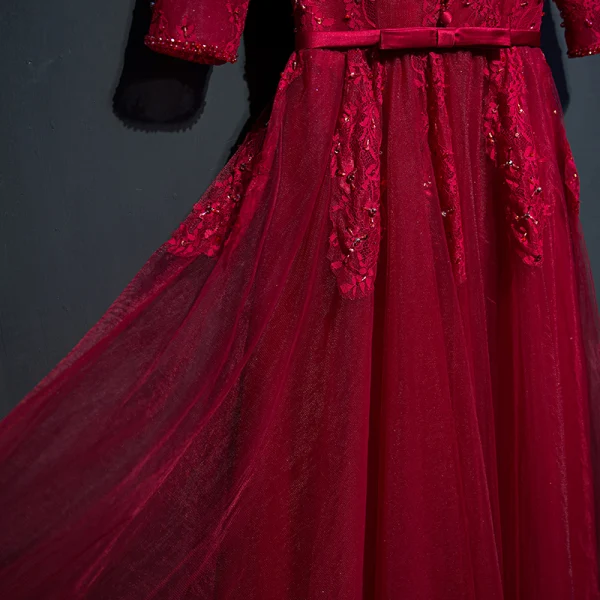 Chic / Belle Rouge Robe De Ceremonie Robe De Soirée 2017 En Dentelle Fleur Noeud Paillettes Col Haut 1/2 Manches Longueur Cheville Princesse
