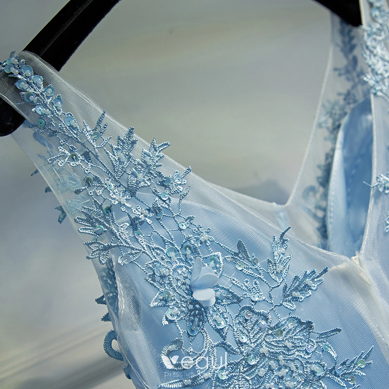 Elegant Sky Blue Bridesmaid Dresses 2017 A-Line / Princess Lace Flower Beading Backless V-Neck Sleeveless Ankle Length Wedding Party Dresses