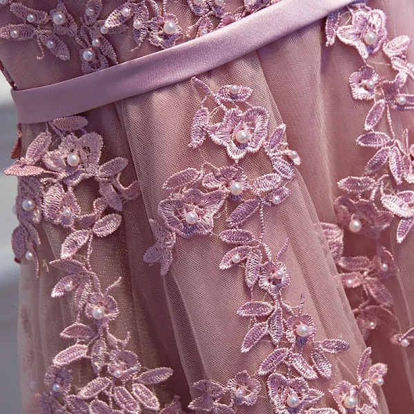Modest / Simple Candy Pink Bridesmaid Dresses 2017 A-Line / Princess Lace Flower Beading Scoop Neck Sleeveless Short Wedding Party Dresses
