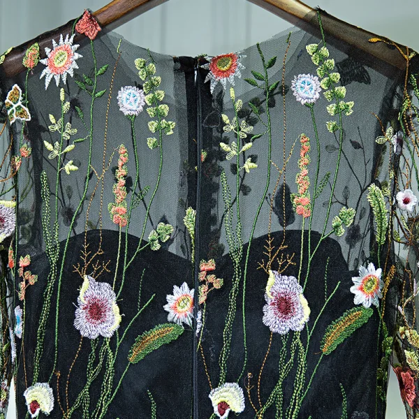 Chic / Belle Noir Robe De Ceremonie Robe De Soirée 2017 En Dentelle Fleur Encolure Dégagée 1/2 Manches Courte Princesse