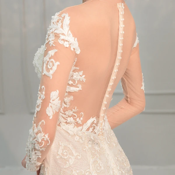 Sexy Champagne Wedding Dresses 2018 Trumpet / Mermaid Lace Flower Pearl Scoop Neck Long Sleeve Chapel Train Wedding