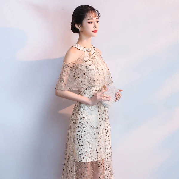 Sexy Champagne Evening Dresses  2018 A-Line / Princess Glitter Sequins Scoop Neck Strapless Sleeveless Floor-Length / Long Formal Dresses