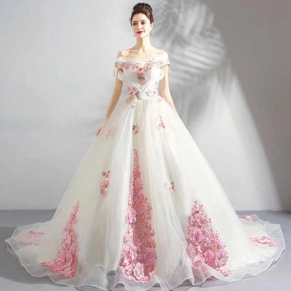 Chic / Beautiful White Wedding Dresses 2018 Ball Gown Appliques Lace Embroidered Pearl Off-The-Shoulder Backless Sleeveless Chapel Train Wedding