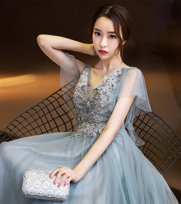 Elegant Evening Dresses 2018 A-Line / Princess Appliques Beading Crystal Pearl V-Neck Backless Short Sleeve Floor-Length / Long