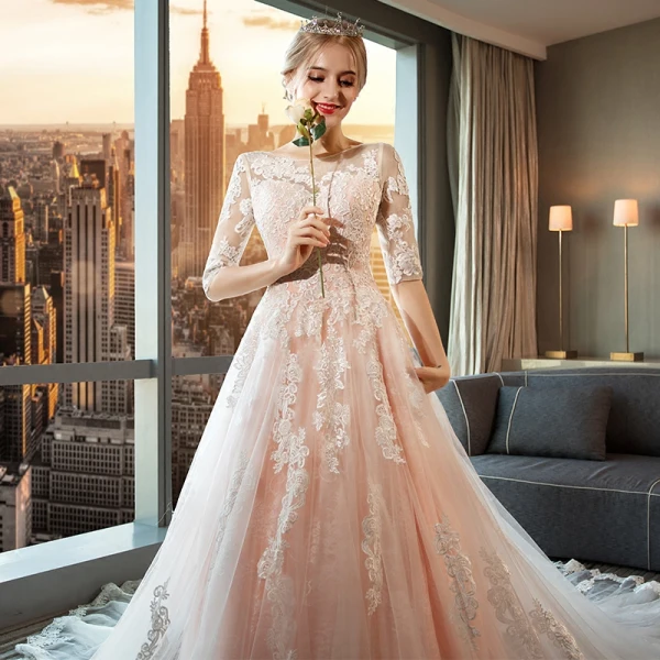 Modern / Fashion Pearl Pink Wedding Dresses 2018 A-Line / Princess Appliques Lace Scoop Neck Backless 1/2 Sleeves Cathedral Train Wedding