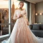 Modern / Fashion Pearl Pink Wedding Dresses 2018 A-Line / Princess Appliques Lace Scoop Neck Backless 1/2 Sleeves Cathedral Train Wedding