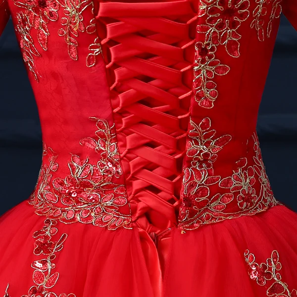 Amazing / Unique Formal Dresses 2017 Ball Gown Lace Flower Backless Off-The-Shoulder 1/2 Sleeves Floor-Length / Long Prom Dresses