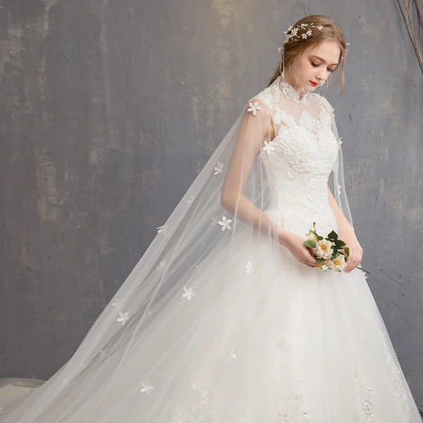 Charming White Wedding Dresses 2018 Ball Gown Lace Appliques Beading Crystal Pearl High Neck Sleeveless Backless Watteau Train Wedding