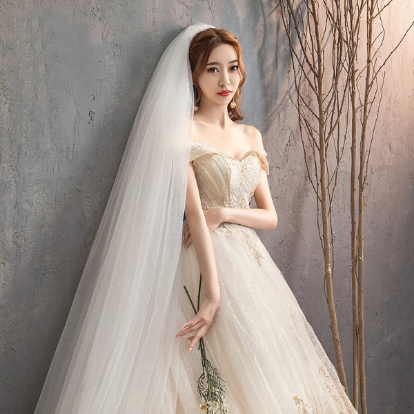 Luxury / Gorgeous Champagne Wedding Dresses 2018 A-Line / Princess Lace Beading Crystal Sequins Off-The-Shoulder Backless Sleeveless Royal Train Wedding