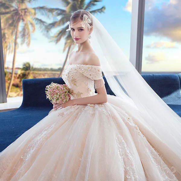 Luxury / Gorgeous Champagne Wedding Dresses 2018 Ball Gown Appliques Lace Beading Tassel Crystal Pearl Rhinestone Sequins Off-The-Shoulder Backless Sleeveless Royal Train Wedding
