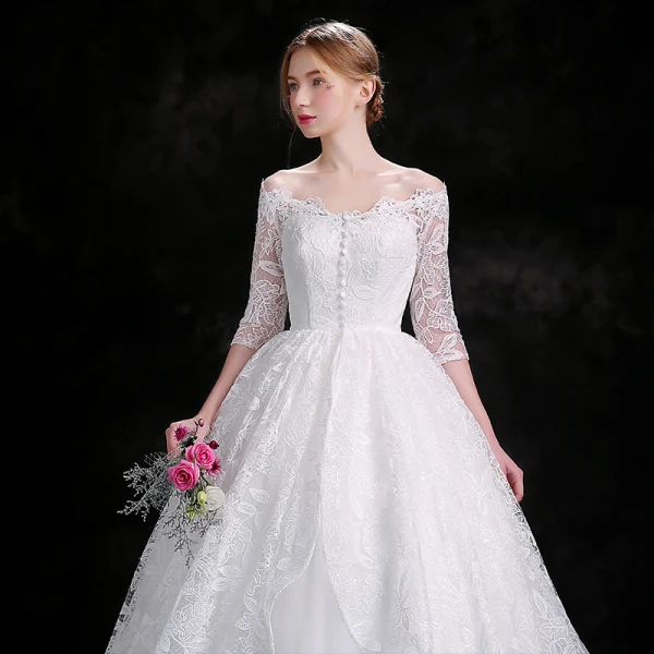 Schöne Weiß Brautkleider 2018 Ballkleid Schaltflächen Mit Spitze Pailletten Off Shoulder 3/4 Ärmel Kapelle-Schleppe Hochzeit