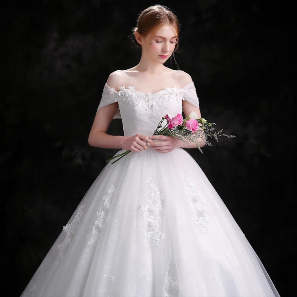 Chic / Beautiful White Wedding Dresses 2018 Ball Gown Lace Flower Rhinestone Organza Off-The-Shoulder Backless Sleeveless Cathedral Train Wedding
