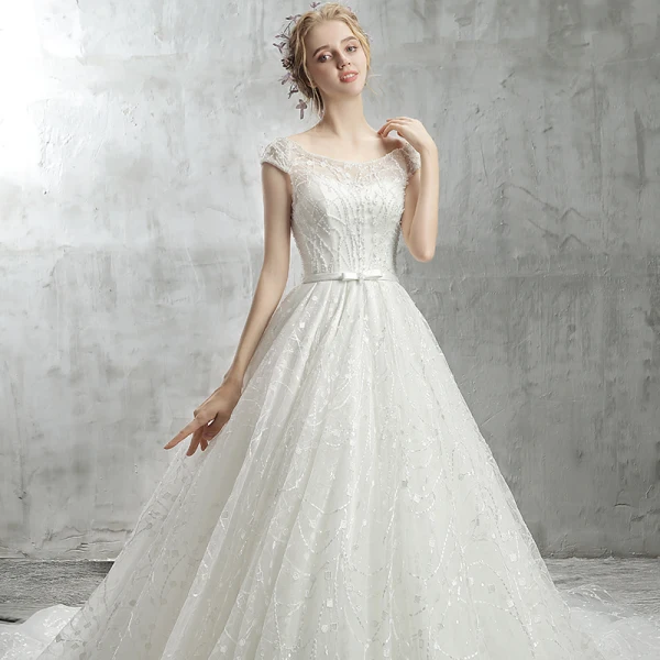 Modern / Fashion White Wedding Dresses 2018 A-Line / Princess Bow Beading Crystal Pearl Sequins Scoop Neck Backless Cap Sleeves Cathedral Train Wedding