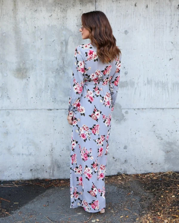 Bohemia Black Casual Maxi Dresses 2018 A-Line / Princess Split Front Printing Sash V-Neck Long Sleeve Floor-Length / Long Womens Clothing
