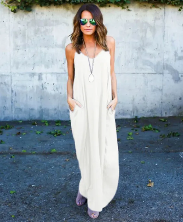 Modern / Fashion White Summer Casual Maxi Dresses 2018 Spaghetti Straps Backless Short Sleeve Ankle Length Womens Clothing