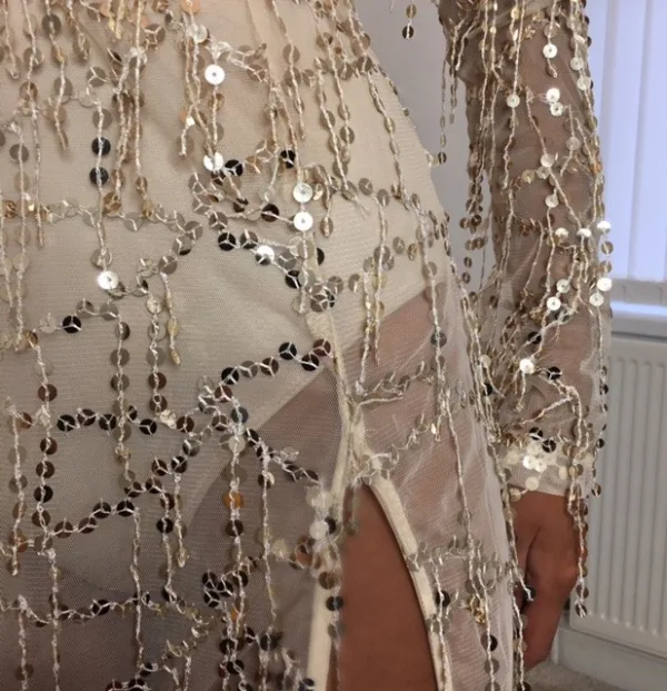 Sexy Champagner Maxikleider 2018 Durchsichtige Pailletten Gespaltete Front V-Ausschnitt Lange Ärmel Lange Damenbekleidung