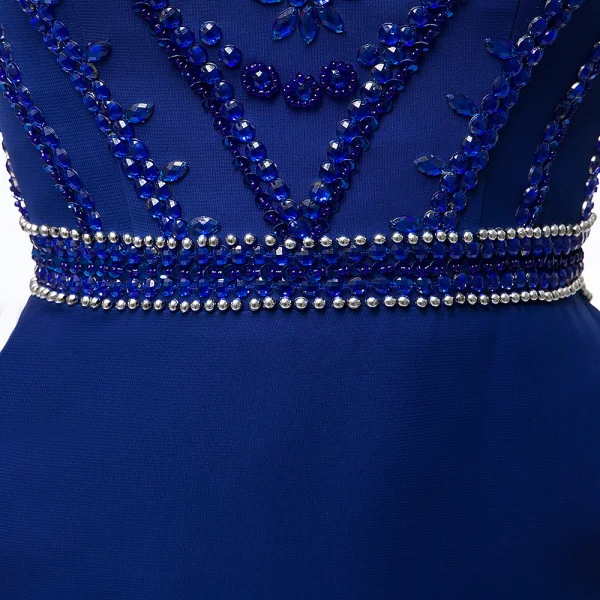 Modern / Fashion Royal Blue Chiffon See-through Evening Dresses 2018 A-Line / Princess Scoop Neck Sleeveless Pearl Rhinestone Beading Sweep Train Ruffle Formal Dresses
