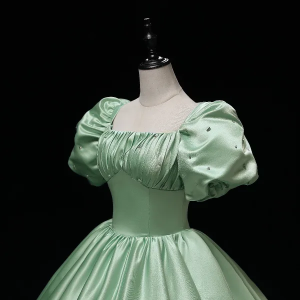 Elegant Sage Green Satin Prom Dresses 2022 Square Neckline Puffy Short Sleeve Bow Backless Floor-Length / Long Formal Dresses Prom