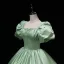 Elegant Sage Green Satin Prom Dresses 2022 Square Neckline Puffy Short Sleeve Bow Backless Floor-Length / Long Formal Dresses Prom