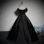 Elegant Black Pearl Rhinestone Satin Prom Dresses 2023 Ball Gown Square Neckline Puffy Short Sleeve Backless Floor-Length / Long Prom Formal Dresses