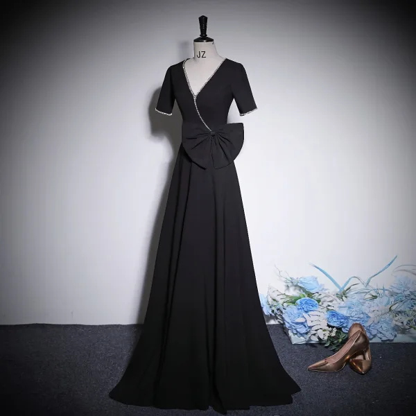 Elegant Black Rhinestone Bow Prom Dresses 2023 Zipper Up A-Line / Princess V-Neck Short Sleeve Floor-Length / Long Prom Formal Dresses
