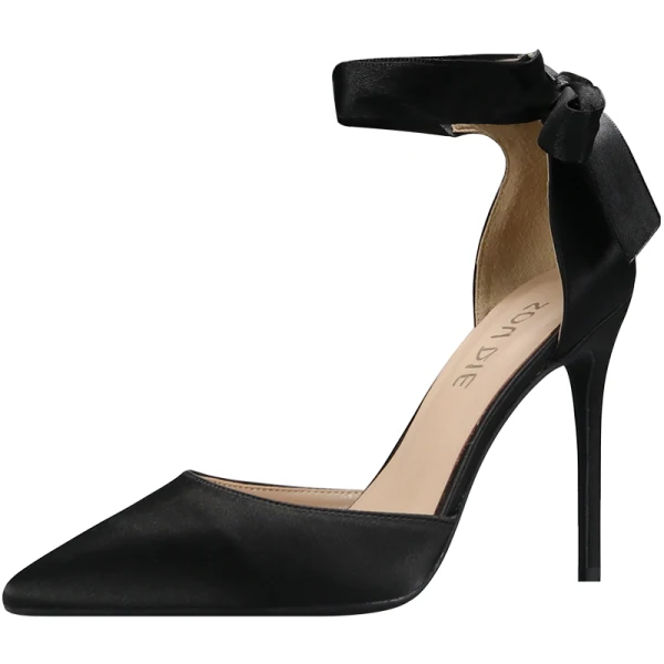 Fashion Black Prom Satin Womens Shoes 2020 Ankle Strap Bow 10 cm Stiletto Heels Pointed Toe Heels