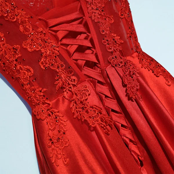 Chic / Beautiful Red Formal Dresses Evening Dresses 2017 Lace Flower Short Sleeve V-Neck A-Line / Princess Ankle Length