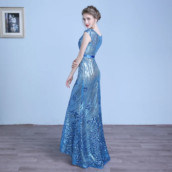 Sparkly Ocean Blue Evening Dresses 2018 Trumpet / Mermaid Lace Sequins Sash Scoop Neck Short Sleeve Floor-Length / Long Formal Dresses