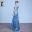 Sparkly Ocean Blue Evening Dresses  2018 Trumpet / Mermaid Lace Sequins Sash Scoop Neck Short Sleeve Floor-Length / Long Formal Dresses