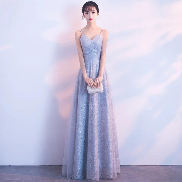 Elegant Grey Evening Dresses 2018 A-Line / Princess Glitter Tulle Spaghetti Straps Backless Sleeveless Floor-Length / Long Formal Dresses