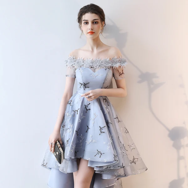 Modern / Fashion Grey Cocktail Dresses 2018 A-Line / Princess Asymmetrical Appliques Lace Bow Off-The-Shoulder Backless Short Sleeve Formal Dresses