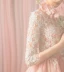 Modern / Fashion Blushing Pink Honeymoon Graduation Dresses 2018 A-Line / Princess Lace Flower Bow Beading Scoop Neck 3/4 Sleeve Knee-Length Formal Dresses