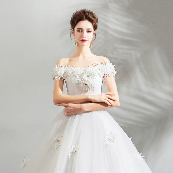 Amazing / Unique White Wedding Dresses 2018 Ball Gown Lace Appliques Rhinestone Off-The-Shoulder Backless Short Sleeve Floor-Length / Long Wedding