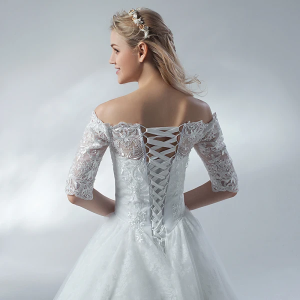 Affordable White Wedding Dresses 2018 A-Line / Princess Lace Flower Off-The-Shoulder Backless 1/2 Sleeves Floor-Length / Long Wedding