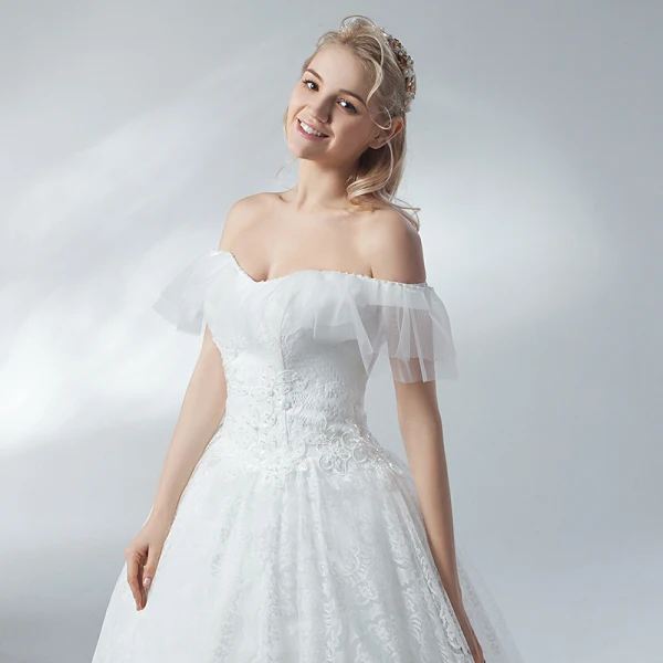 Erschwinglich Ivory / Creme Brautkleider / Hochzeitskleider 2018 A Linie Perlenstickerei Perle Spitze Off Shoulder Rückenfreies Kurze Ärmel Lange Hochzeit