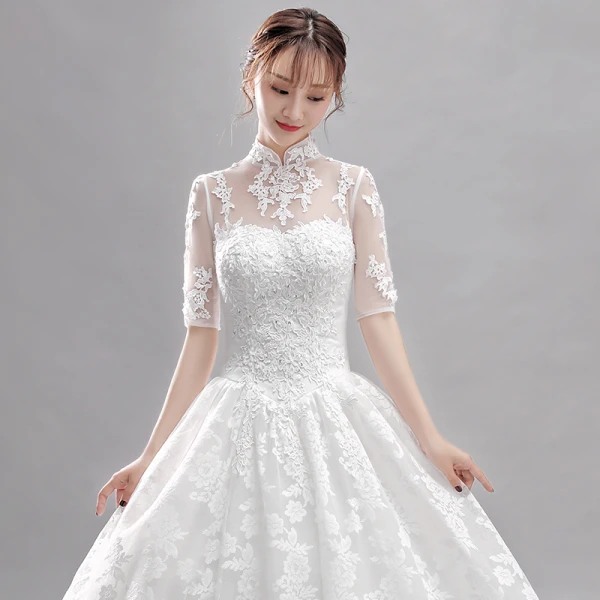 Affordable White Wedding Dresses 2018 Ball Gown Lace Flower High Neck Backless Short Sleeve Cathedral Train Wedding