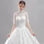 Affordable White Wedding Dresses 2018 Ball Gown Lace Flower High Neck Backless Short Sleeve Cathedral Train Wedding