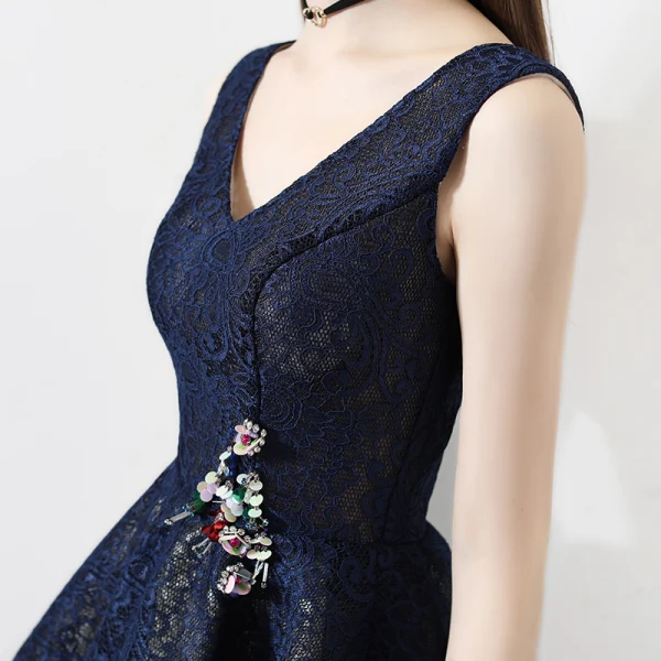 Modern / Fashion Navy Blue Party Dresses 2018 A-Line / Princess Lace V-Neck Backless Short Sleeve Short Formal Dresses